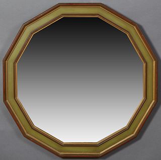 French Louis Philippe Style Polychromed Overmantle Mirror, 20th c., of dodecahedron form, in green paint with brown highlights, Dia.- 38 1/2 in., D.- 