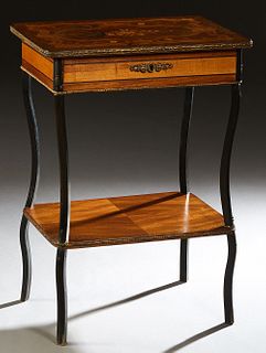 French Inlaid Mahogany Ormolu Mounted Work Table, c. 1870, the brass bound marquetry inlaid top opening to an interior mirror and compartments, on cab