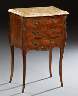 French Louis XVI Style Inlaid Carved Mahogany Marble Top Bombe Nightstand, 20th c., the rounded edge and corner ocher marble over three bowed drawers,