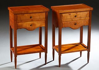 Pair of French Louis XVI Style Carved Cherry Nightstands, 20th c., the galleried top over two drawers, on square supports to a lower stretcher/shelf, 