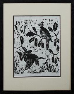 Milda Spindler (1927-, Lithuania/New Orleans), "Pileated Woodpeckers," 20th c., linocut, pencil titled lower center margin, pencil signed lower right 
