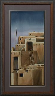 Carla Romero (20th c.-, American), "Pueblo Scene," 20th c., watercolor, signed lower right, presented in a polychromed frame, H.- 29 1/4 in., W.- 13 1