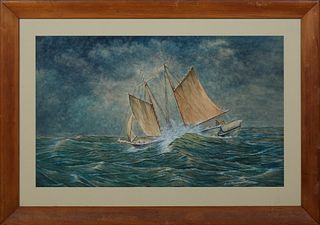 E. J. Rodriguez, "Ship in Stormy Seas," 1941, watercolor, signed and dated lower right, presented in a mahogany frame, H.- 15 3/4 in., W.- 25 3/4 in.