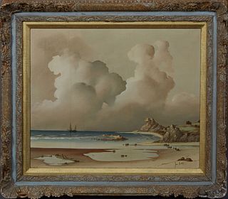 Jon Holt (American), "Seascape with Billowing Clouds," 20th c., oil on canvas, signed lower right, presented in a gilt and gesso frame, with a wide gi