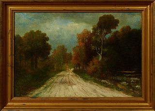 Luis Graner y Arrufi (1863-1929, Spanish, active New Orleans c. 1914-22), "Figures on a Road in a Louisiana Landscape," early 20th c., oil on canvas, 
