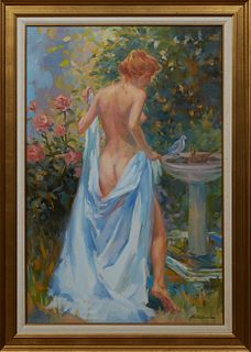Lynn Gertenbach (1948-, California), "Nude at the Birdbath," 20th c., oil on canvas, signed lower right, presented in a gilt frame with a linen liner,