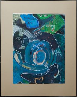 Antonia van Diest (1948-, Dutch), "Abstract in Blue and Green," 20th c., oil on board, signed lower right, presented in a black metal frame with a wid