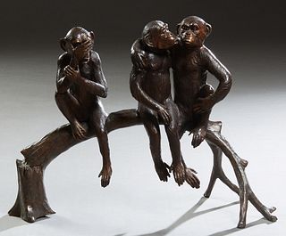 Mario Nardini, "Monkey Love," 20th c., patinated bronze of three monkeys on a branch, signed verso, H.- 18 in., W.- 25 in., D.- 10 in.