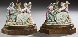 Pair of Porcelain Figural Lamps, 20th c., of a courting couple and cupid, on pierced stepped brass bases, H.- 13 in., W.- 12 in., D.- 7 3/4 in.