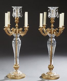 Pair of Prism Hung Brass and Crystal Four Light Candelabra Lamps, 20th c., with a central prism hung spear, over a prism hung glass bobeche, to four c