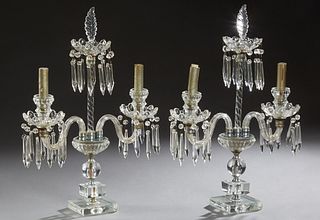 Pair of Crystal Two Light Girandole Lamps, 20th c., the button and spear prism hung central arm with a feather finial, over a glass shaft and two curv