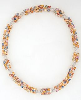 14K Yellow Gold Link Necklace, with six large rectangular links mounted with 48 oval multi-colored sapphires, atop a border of tiny round diamonds, jo