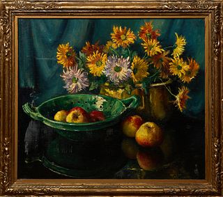 Pol Boudry (1914-1976, Belgium), Still Life of Flowers and Fruit on a Table," 20th c., oil on panel, signed lower right, presented in a gilt and gesso