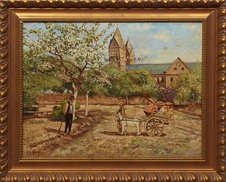 Franciscus Williem Helfferich (1871-1941, Dutch), "Children in a Goat Cart in the Garden," 20th c., oil on panel, signed lower left, presented in a gi