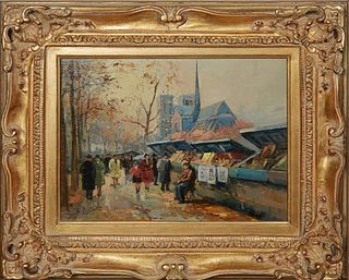 Louis Basset (1948-, French), "Paris Street Scene," 20th c. oil on panel, presented in a gilt and gesso frame, H.- 11 3/8 in., W.- 15 1/4 in.