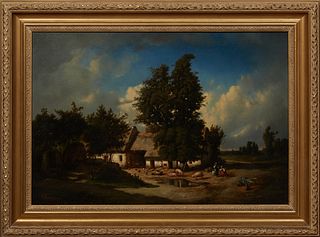 James Bourne (1773-1854, English), "Country Cottage with Figures and Animals, 1850, oil on canvas, signed and dated lower left, presented in a gilt an