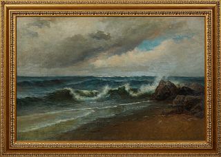 Attributed to Jules R. Mersfelder (1865-1937, California), "Crashing Waves," 20th c., oil on canvas, unsigned, presented in a carved giltwood frame, H