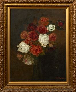 School of Johan Laurentz Jensen (1800-1856), "Still Life of Roses in a Green Vase," 19th c., oil on canvas, signed lower right, presented in a period 