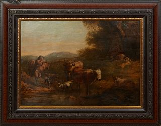 Willem Romeyn (1624-1694, Dutch), "A Peasant, Goats and Cattle at a Ford," 19th c., oil on canvas, unsigned, with a printed label with artist and titl
