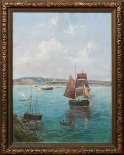 James Walter Gozzard (1888-1950, English), "Quebec Harbor Scene," 20th c., watercolor, signed lower left, titled verso, presented in a carved frame wi