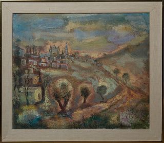 Albert Goldman (1922-2011, Israel), "View of Jerusalem," 1978, oil on canvas, signed lower right, presented in a brass frame, with a linen liner, H.- 