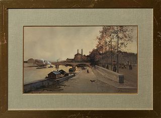 Paul Renard (1941-1997), "Paris River Scene," 20th c., gouache, signed lower right, presented in a gilt frame with a wide linen liner, H.-10 3/4 in., 