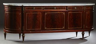French Louis XVI Style Ormolu Mounted Mahogany Marble Top Sideboard, the highly figured ogee edge curved white marble over two frieze drawers above do