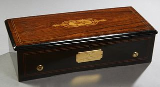 B. A. Bremond Inlaid Rosewood and Mahogany Swiss Cylinder Music Box, 19th c., Ser. # 15475, lever wind, with eight airs, the hand written list on the 