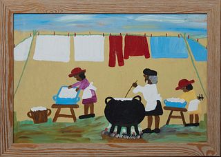 Clementine Hunter (1887-1988, Louisiana), "Wash Day," c. 1975, oil on board, signed right center, framed, H.- 16 in., W.- 23 3/4 in. Note: This painti