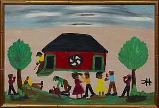 Clementine Hunter (1887-1988, Louisiana), "The Honky Tonk on Cane River- Saturday Night," c. 1966, oil on board, signed right center, presented in a g