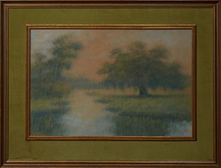 Alexander J. Drysdale (1870-1934, New Orleans), "Moss Draped Oaks," early 20th c., oil wash, pencil signed lower left, presented in a gilt frame with 