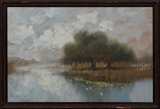 Alexander J. Drysdale (1870-1934, New Orleans), "Bayou Scene With Moss Draped Oak and Water Lilies," 1915, oil wash, signed and dated lower left, pres