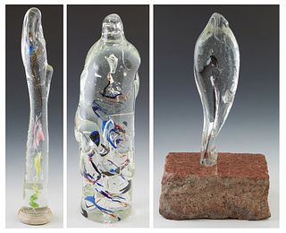Three Large Modern Blown Glass Sculptures, 20th c., possibly Murano, one on a granite base, one on a circular marble base, Tallest- H.- 223 in., Dia.-