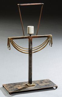 Mario Villa (1953-, Nicaraguan), "Iron and Brass Lamp," with a tapered pierced copper shade, H.- 20 in., W.- 12 in., D.- 6 in.