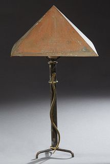 Mario Villa (1953-, New Orleans/Nicaragua), "Iron and Brass Candlestick Lamp," with a pyramidal copper shade, H.- 24 in., W.- 13 in., D.- 13 in.
