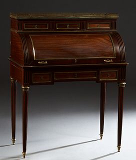 French Louis XVI Brass Inlaid Marble Top Mahogany Cylinder Secretary, late 19th c., the highly figured rouge marble with a pierced 3/4 brass gallery, 