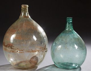 Two French Provincial Mold Blown Glass Wine Carboys, 19th c., one blue, the other pale green, Larger- H.- 20 in., Dia.- 15 in. (2 Pcs.)