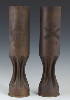 Pair of WWI Brass Trench Art Vases, 1918, with pokerwork decoration of the American eagle shield, with crimped waists, H.- 13 1/2 in., Dia.- 3 1/16 in