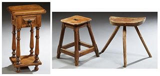 Two French Provincial Carved Elm Milking Stools, 19th c, one on tripodal legs; the second on four chamfered legs joined by stretchers, Tripodal- H.- 1