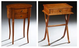 Two French Louis XV Style Inlaid Carved Mahogany Nightstands, 20th c., one with an oval top over two convex drawers, on cabriole legs, H.- 25 3/4 in.,