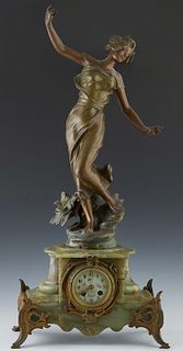 French Art Nouveau Green Onyx and Spelter Figural Mantel Clock, late 19th c., surmounted by a patinated spelter figure of "Oeillot," by Julian Causse 