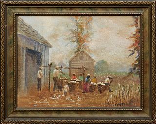 Paul Stotts (1872-1944, Tennessee), "Cotton Picking Scene," oil on board, signed lower right, presented in a gilt relief frame, H.- 8 3/4 in., W.- 11 