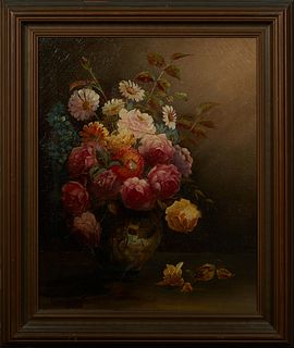 Paul Stotts (1872-1944, Tennessee), "Still Life of Flowers in a Pottery Vase," 20th c., oil on canvas, signed lower right, presented in a mahogany fra