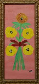Clementine Hunter (1886-1988), "Zinnias," 1969, oil on masonite, signed lower right, presented in an antique gilt and gesso frame, verso inscribed "19