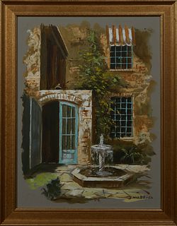 Eugene Daymude (1925-1995, New Orleans, "Le Petit Theater Courtyard," 1966, oil on masonite, signed and dated lower right, presented in a gilt frame, 