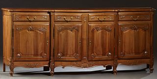 French Louis XV Style Carved Cherry Bombe Sideboard, 20th c., the stepped bowfront parquetry inlaid top over two bowed frieze drawers above double fie