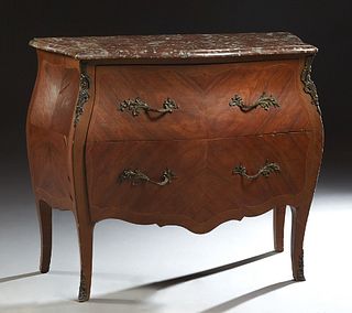 French Louis XV Style Ormolu Mounted Inlaid Mahogany Marble Top Bombe Commode, 20th c., the serpentine bowed highly figured rouge marble over two deep