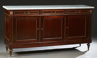 French Louis XVI Style Ormoul Mounted Carved Mahogany Marble Top Sideboard, 20th c., the ogee edge figured white marble over three frieze drawers abov