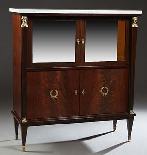 French Empire Style Ormolu Mounted Carved Cherry Marble Top Vitrine, 20th c., the figured white marble over setback upper wide beveled glazed doors ab