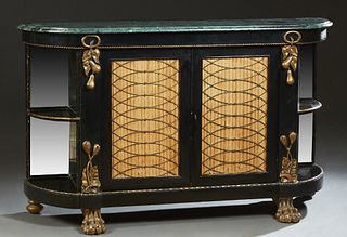 Regency Ebonized, Parcel Gilt Marble Top Credenza, mid 19th c., the verdigris variegated rounded edge and corner marble top, over a conforming case fi